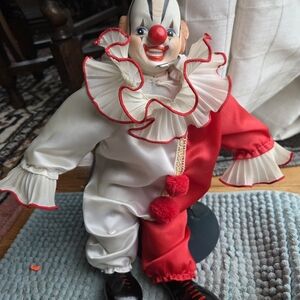 Vintage Musical CLOWN Red and White Clown Doll with Ruffled Collar